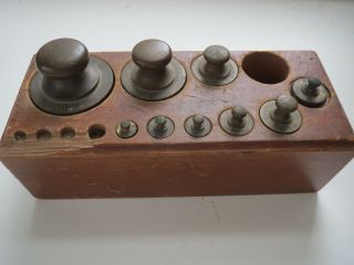 Antique Brass Weights In Wood Block Apothecary Scale Box Vintage