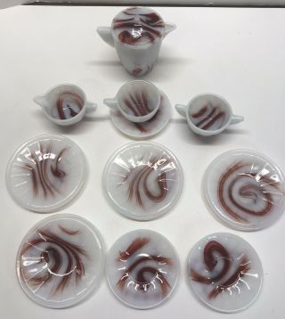 12 Pc.  Vintage Akro Agate Oxblood Swirl Childs Tea Set