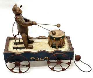 Vintage Wooden Carved Cat Playing Drums Wheel Pull Toy W/ String Folk Art