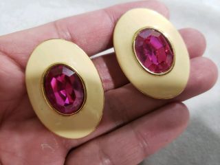 Auth Ysl Yves Saint Laurent Vintage Huge Pink Crystal Enamel Clip Earrings.