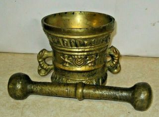 Antique Large Solid Brass Mortar & Pestle Apothecary Medical Pharmacy Herbal,