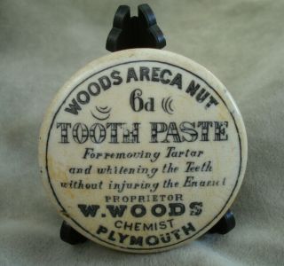 Antique,  (ca 1900 - 10) Woods Chemist Plymouth Pot Lid On Display Stand