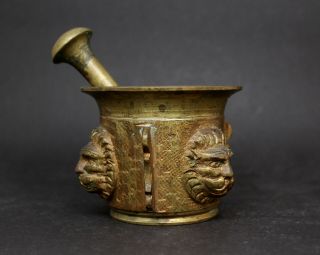 Bronze Brass Mortar And Pestle Lion Head 4
