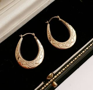 Vintage 9ct Gold Hoop Engraved Earrings 375 9 Carat