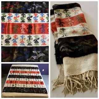 Vintage Artisan Handwoven Mayan Guatemalan Wool Blanket Folk Art 78” X 58”