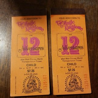 2 - Vintage Walt Disney World Magic Kingdom 12 Adventures Child Ticket Books.