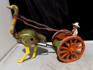 Vintage Tinplate Clockwork Ostrich Drawn Cart Toy,  Made In Western Germany.