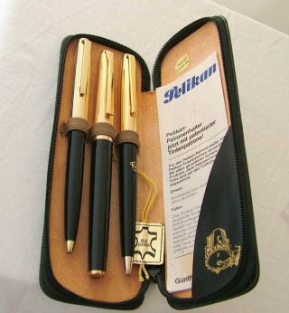 Vintage Pelikan 3 Piece Set Fountain Pen (18k Gold Nib) Ballpen & Pencil Gold Pltd