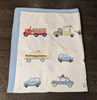 Vintage Pottery Barn Kids Twin Garbage Trucks Cars Police Fire Tow Scooter Quilt