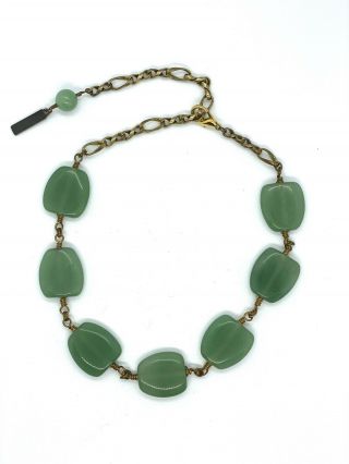 Vintage Signed Jan Michaels Brass Gold Tone Green Amazonite Stone Necklace