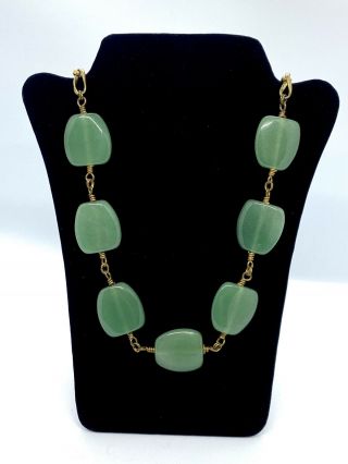 Vintage Signed JAN MICHAELS Brass Gold Tone Green Amazonite Stone Necklace 2