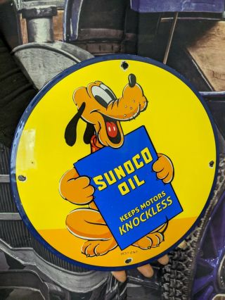 Old Vintage Dated 1937 Sunoco Motor Oil Porcelain Gas Station Sign Mickey Pluto