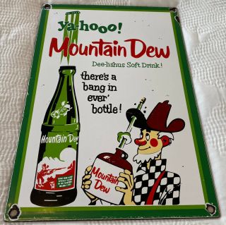 Vintage Ya - Hoo Mountain Dew Hillbilly Porcelain Sign Pepsi Bottle Soda Pop Jug