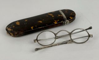 Antique Tortoise Shell Case W/double Folding Eye Glasses Spectacles 19th Century