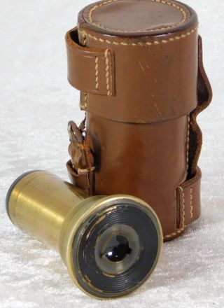 Antique Desk Field Brass Microscope Lens 3 " X 1 1/16 Diameter W/ Leather Case