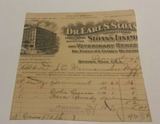 1911 Boston Mass Pharmaceutical Invoice Dr Earl S Sloan Veterinary Remedies