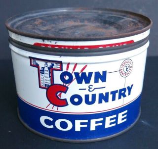 Vintage 1 Pound Key Wind Coffee Tin - Town & Country - Ft.  Wayne,  Ind.