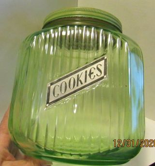 Vintage Depression Era Anchor Hocking Green Ribbed Cookie Jar Hoosier Style