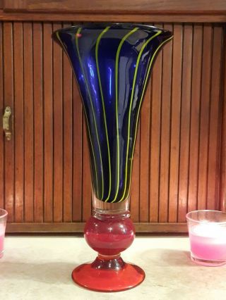 Murano Art Glass Trumpet Vase 14 1/2 " Tall,  Hand Blown Vase Cobalt Blue & Red