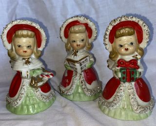 Lefton Christmas Bell Spaghetti Trim Angel Girls,  Set Of 3 1950 