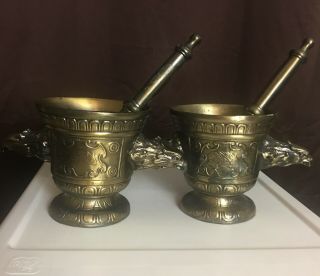 Vintage Pair Solid Brass Mortar & Pestle Eagle Heads Apothecary Pharmacy