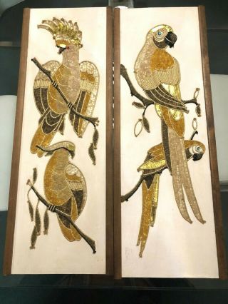 Vintage Exotic Mid - Century Modern Gravel Art Pictures Wall Hangings Parrots
