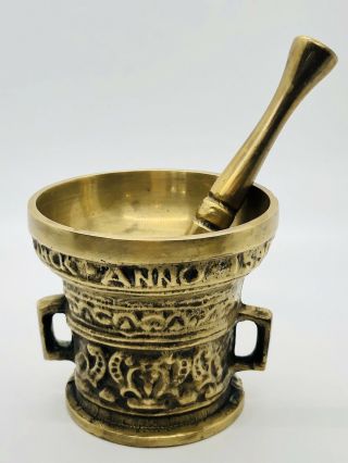 Vintage Solid Brass Art Deco Square Handle Mortar And Pestle 1580 W/latin Phrase