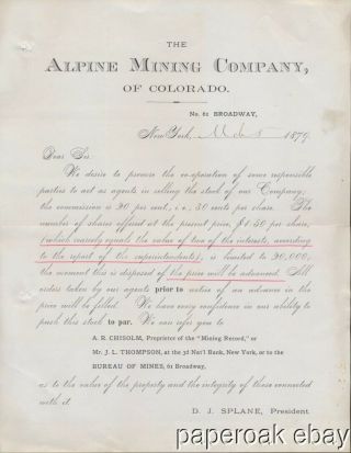 1879 Alpine Mining Company Of Colorado For Stock Announcement