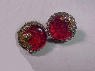 Vintage Signed Miriam Haskell Gold Tone Ruby Red & Rhinestone Screw Back Earring
