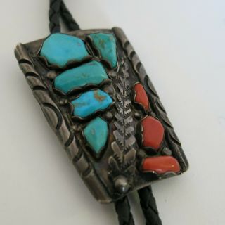 Vintage Sterling Silver Bolo Tie With Blue Turquoise & Coral Southwest [6097]