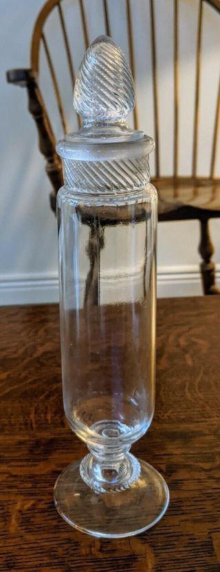 Antique 10 " Glass Apothecary Drug Store Jar - Columbia Swirl Pedestal Base