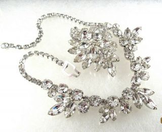 Vintage Weiss Clear Rhinestone Necklace Brooch Set