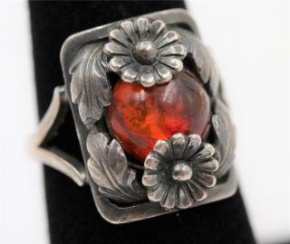Vintage Niels Erik From Denmark Sterling Silver & Amber Size 7 Flower Ring
