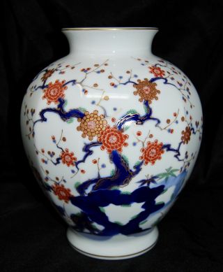 Vintage Japanese Fukagawa Porcelain Vase Arita Imari Ikebana Plum 10” Mt Fuji