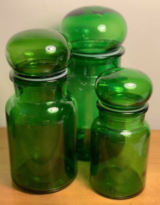 Set Of 3 Vintage Green Glass Apothecary Jars W/ Bubble Lids.  Belgium & Taiwan