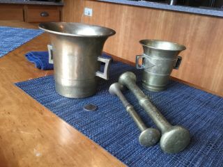 2 Vintage Solid Brass Pestle Mortar Apothecary Pharmacy 4” &5” Tall & Heavy