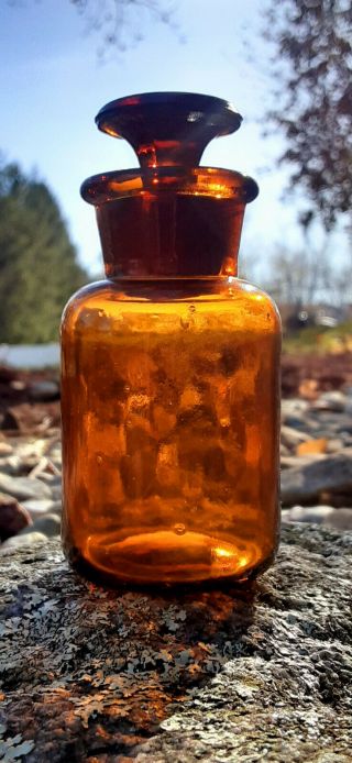Antique Blown Or Orange Apothecary Bottle W/ Glass Stopper 3.  5 "