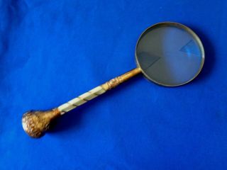 Antique Brass 11 " Magnifying Glass - Mother Of Pearl & Gold Handle