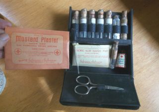 Antique Early 1900 Medical Kit 8 Cork Bottles Syringe Plaster Tin Scissors Etc