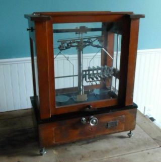 Antique Analytical Balance Scale Wood And Glass