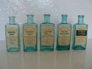 5 Different Vintage Antique Glass Apothecary Bottles With Labels From Kent