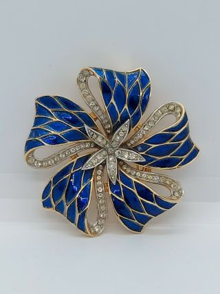 Vintage Crown Trifari Blue Enamel Clear Rhinestones Flower Gold Tone Brooch Pin