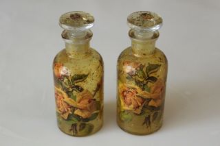 Antique T.  C.  W.  Co.  Set Of Apothecary Medicine Jar Bottles Painted Neck Top Usa