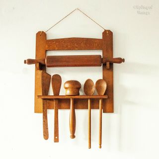 French Vintage Kitchenalia Wooden Utensils & Rolling Pin In Wall Hanging Rack