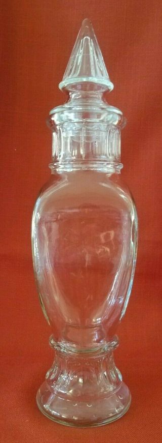Vintage Clear Glass Four Sided Drug Store 13 " Apothecary Jar With Pointed Lid
