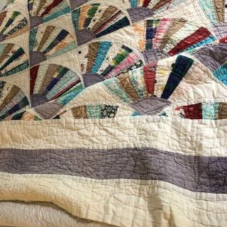 Vintage 1950 ' s (?) Fabrics,  Maybe Some Feed Sack,  Hand Sewn FAN Quilt; 80 