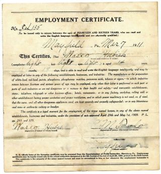 1911 Minor Coal Miner Child Labor Employment Certificate Mayfield Pennsylvania