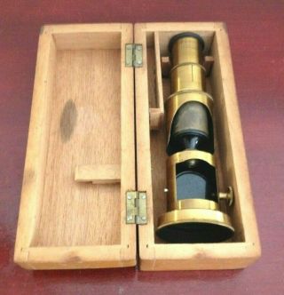 Antique Brass Field Microscope W/wooden Box,  Made In France