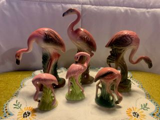 6 Vintage Mcm Ceramic Pink Flamingos.  Mid Century Modern.  50’s Style Of Maddux