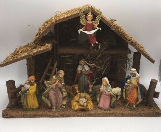 Vintage Fontanini Nativity Depose Italy Set Of 10 Figures With Creche Stable